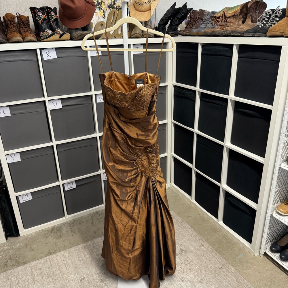 Sally USA Vintage Y2K Copper Satin Rhinestone Brown Strapless Formal Gown